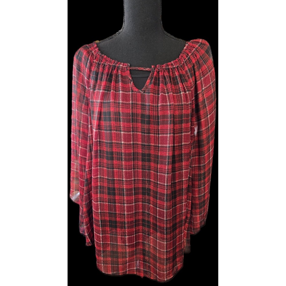 Dressbarn Womens XL Red Black Plaid Double Layer 3/4 Sleeve Polyester Top Shirt